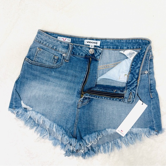 VIGOSS ACE High Rise Frayed Hem Jean Shorts Light Blue Wash Size 31 = 7 - Picture 6 of 11
